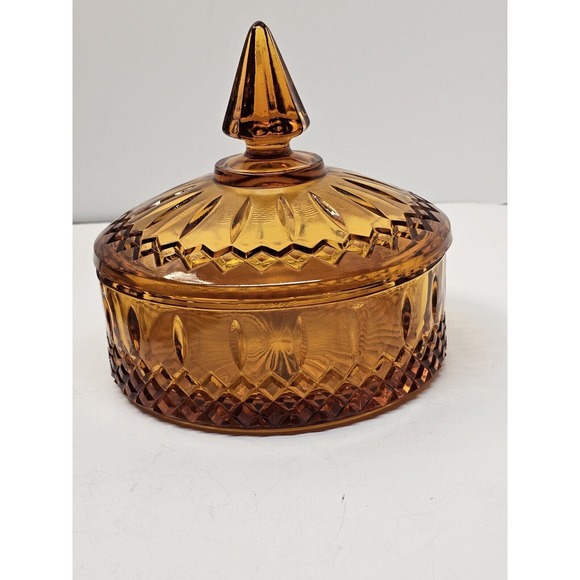 Vintage Amber Indiana Glass Candy Dish & Lid Pressed Glass Diamond Princess - Picture 2 of 14